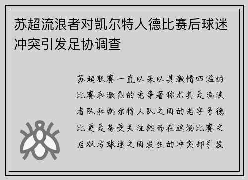 苏超流浪者对凯尔特人德比赛后球迷冲突引发足协调查